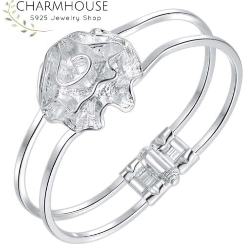 Charmhouse Pure Silver Bangles For Women Rose Flower Cuff Bangle & Bracelet Wristband Pulseira Femme Wedding Bridal Jewelry