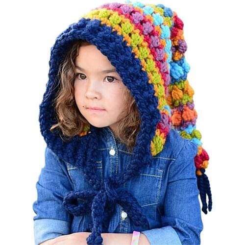 Kids Winter Wool Hats Handmade Crochet Beanie Hat Children Warm Knitted Rainbow False Collar Hat Hooded Cap Boy Girl Xmas Cap