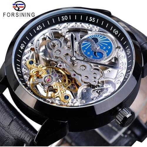 Forsining Fashion Skeletion Mechanical Mens Watches Genuine Leather Moon Phase Automatic Waterproof Tourbillon Classic Man Clock