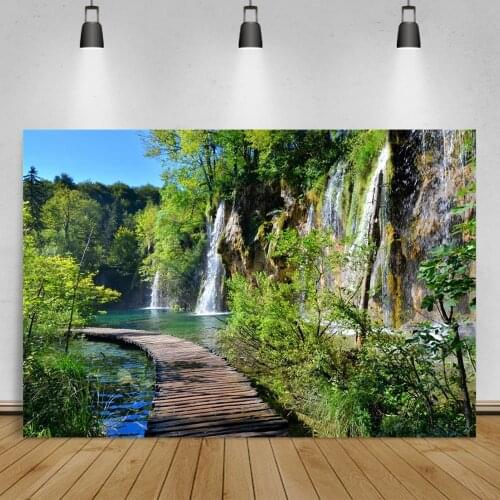 Laeacco Nature Backdrops Waterfall Mountain River Tree Wooden Way Beautiful View Scene Photo Backgrounds Photocall Photo Studio