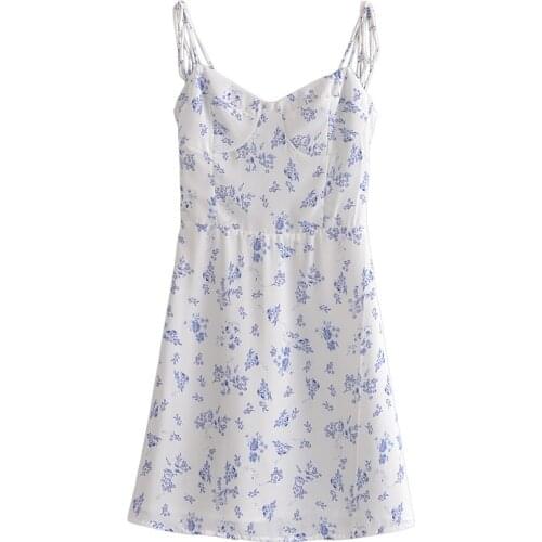 French retro blue print tie dress garden small floral waist tight slim girdle skirt summer