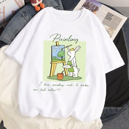 100% Cotton Kawaii Cute Anime Art Rabbit Tshirt Women Casual Harajuku Style Oversize Female T-Shirt Summer Japan White T Shirts