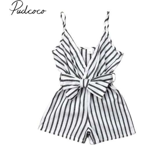 Pudcoco Newborn Baby Girl Sleeveless Striped Bowknot Strap Romper Summer One Piece Playsuit Jumpsuit Outfit 0-24M