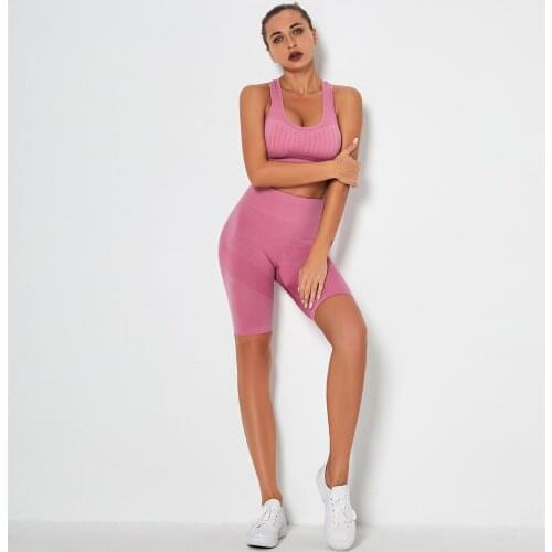 Ribbed Seamless Set Women Gym Workout Outfits Cycling Shorts Fitness Wear Yoga Scoop Neck Sport Bra Biker High Waist Shorts Suit