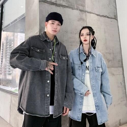 Korean Denim Jacket Loose Blouse Coat Men Cowboy Outerwear High Street Thin Autumn Casual Turn Down Collar Cotton High Quality