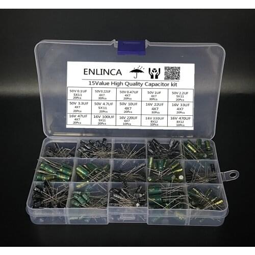 15Values Total 300pcs 16V 50V 0.1uf 0.22uf 0.47uf 1uf 2.2uf 3.3uf 4.7uf 10uf 22uf 33uf 47uf aluminum electrolytic capacitor kit