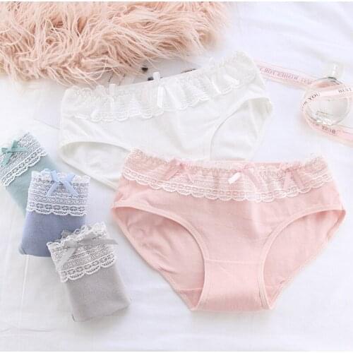 Japanese Style Intimates Underwear Mid-waist Briefs Sweet Lace Bow Panties Female Soft Lingerie