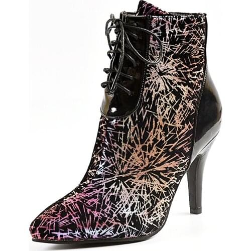 2020 New European And American Style Pointed Toe Super High-Heeled Womens Boots Sparkle Pattern Stiletto Cross Strap Ankle Boot