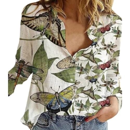 2021 New Autumn t-shirts Womens Lapel Button Shirt Print Long Sleeve Loose Casual Top All-match Streetwear blusas mujer de moda