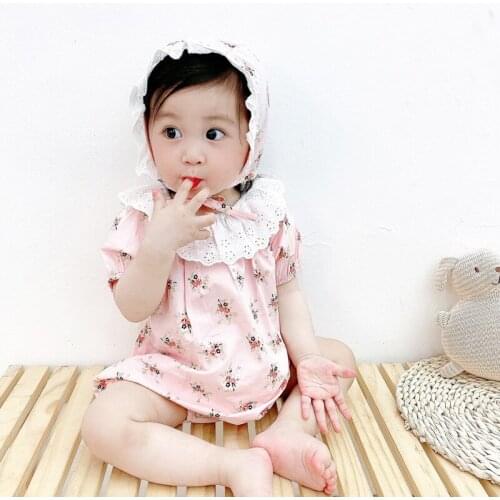 Baby Girls Romper Summer Infant 2021 Short-Sleeve Rufflesl Lapel Romper+Hat 2pcs Clothes Outfits