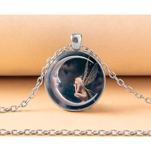 Cartoon Moon Angel Butterfly Fairy Dome Glass Necklace Fashion Silver Color Round Pendant Necklaces For Women Girls Gift