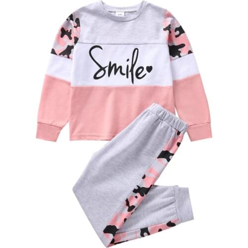 Pudcoco New Fashion Baby Long Sleeve + Trousers Smile Letter Printing Camouflage Pattern Spring Clothing 4-9T
