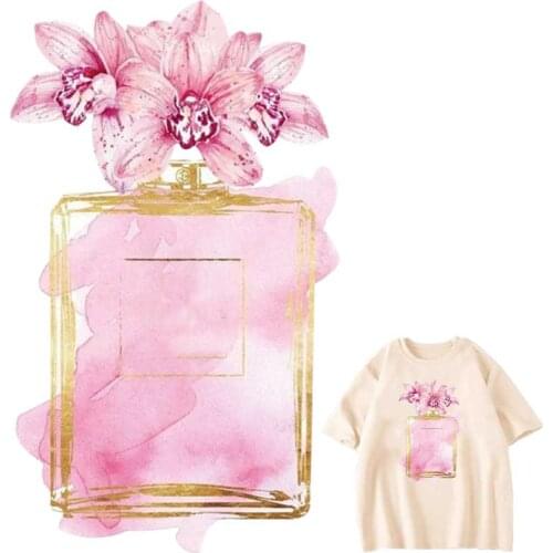 Pink Perfume Bottle Iron-On Transfer For Clothing A-level Washable Woman T-Shirts Heat Transfer Stickers Fashion Clothes Patches