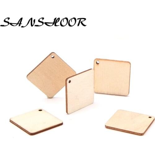 SANSHOOR Thin Blank Square Raw Wooden Chips Diy Jewelry Accessories 26mm Width Fit Handmade Painting Dangle Earrings 30Pcs/lot