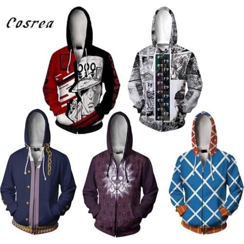 Japanese Anime JoJos JOJO Bizarre Adventure Cosplay Zipper Hoodie Sweatshirt Mens Casual Hooded Pullover Coat JOJO Clothes
