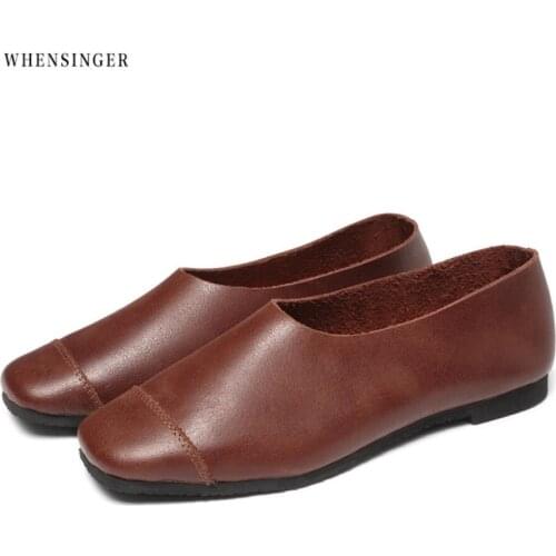 Whensinger -Elegant Fashion Square head Women Flat Shoes loafers Genuine Leather Casual Flats Shoe
