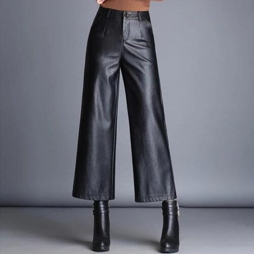 2018 Autumn Pu Leather Wide Leg Pants Women Black Elastic Bottoms For Female Loose Ankle Length Points Trousers Ladies