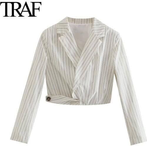 Traf Za Women Clothing Spring Autumn Chic Office Lady Stripe Casual Short Suit Coat French Fashion Long Sleeve Blazer Tops