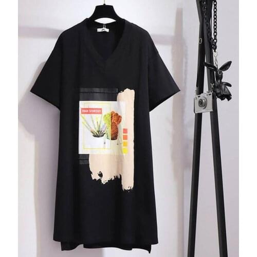 Summer cotton printed v-neck dress women plus size bust 155cm 6XL 7XL 8XL 9XL 10XL a-line above knee dress women black color