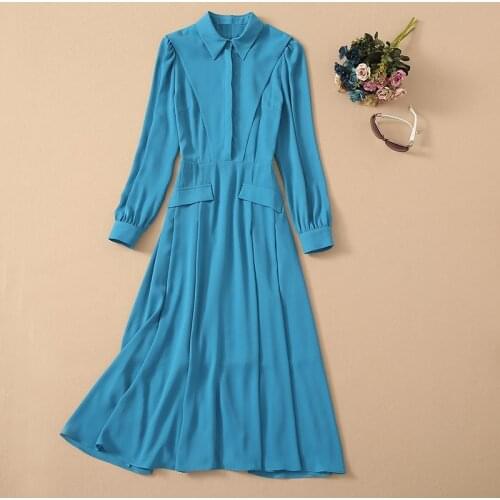 Princess Womens Dress 2021 Spring Summer Designer Fashion Ladies Turn-down Collar Pocket Flap Decco Long Sleeve Blue Dress OL