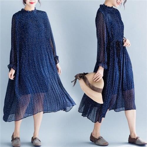 2020 Autumn Large Size French Dresses Women Was thin Slightly Spring Dress Vintage Loose Pleated Chiffon Dress M37