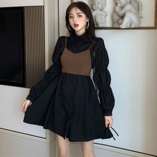 Women Vintage A-line Party Dress Long Sleeve Lapel Solid Elegant Casual Mini Dress 2020 Early Spring New Fashion Dress