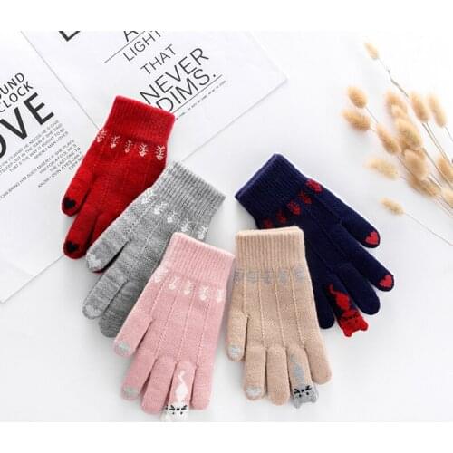 1pair Women Warmer Winter Knitted Glove0s Full Finger Touch Screen Glove Cute Layer Mittens Kitten Printed Hand Warmer accessory