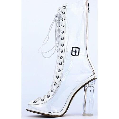 2017 fashion PVC boots lace up mid calf booties clear heel poin toe bota gladiator sandals boots women sexy party shoes