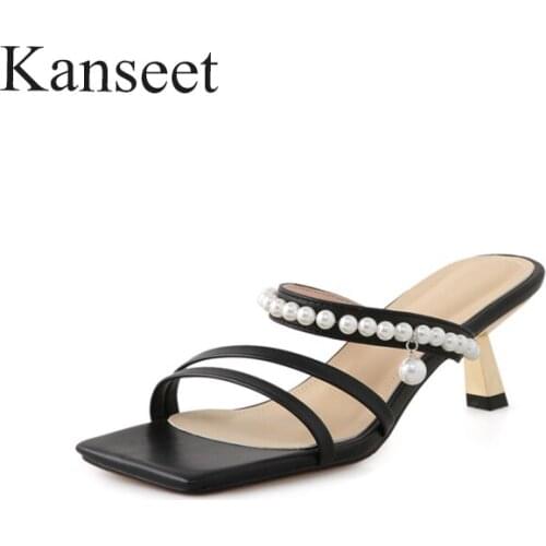 Kanseet Real Leather 2021 Summer Gentle Pearls Decoration Party Dress High Heel Women Slippers Square Toe Thin Heels Shoes Woman