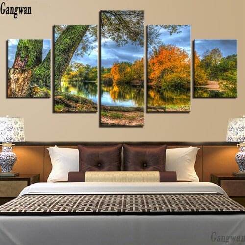 5d diy Diamond Painting Cross Stitch Tree Lake natural Landscape full square round Mosaic Rhinestones Embroidery 5 pcs autumn