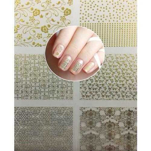 6Sheets/lot 3D Water Transfer Nail Sticker self-adhesive Gold Metallic Flower Designs Nail Art Decals Glitter