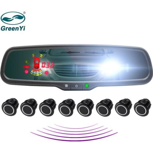 GreenYi Auto Dimming Mirror Monitor with Car Auto Parktronic LED Parking Sensor 4/8 Radar Detector System Display