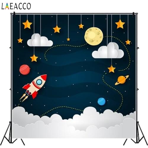 Laeacco Photo Backdrops Drawing Pattern Cartoon Rockets Planet Space Customized Photo Backgrounds Baby Shower Photocall Prop