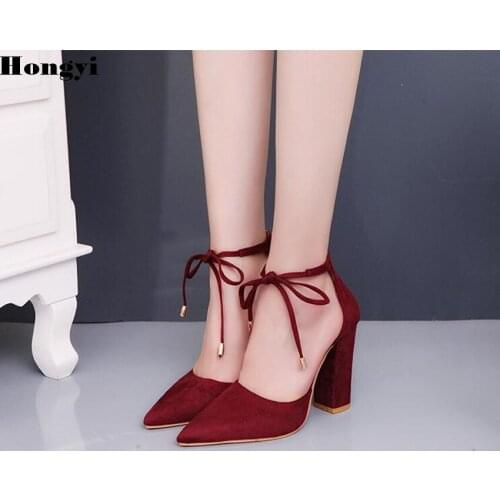 Hongyi Super high heels shoes suede women pumps sexy point toe slip on red wedding shoes thick heel party concise pumps