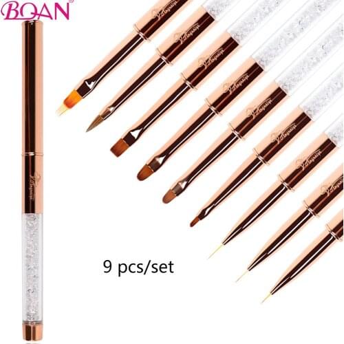 BQAN 9 Pcs Nail Brush Rose Gold Rhinstone UV Gel Nail Art Brush Line Painting Brushes Crystal Acrylic Thin Liner Drawing Brush