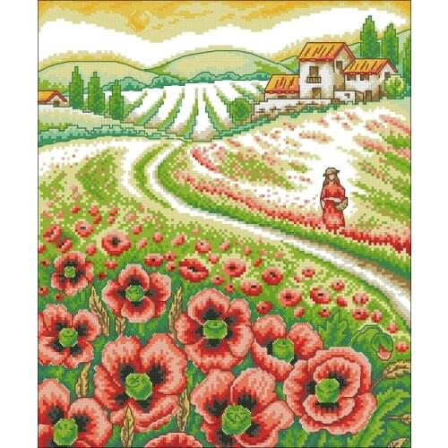 Poppy small flower field- Needlework,For Embroidery,DIY 14CT Unprinted Arts Cross stitch kits Set Cross-Stitching Home Decor