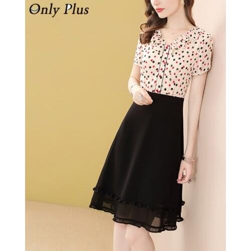 Only Plus Sweet Women Dresses Patchwork Cahiffon Polka Dot Blouse Short Sleeve Dress Office Lady Female Slim V-Neck Dress