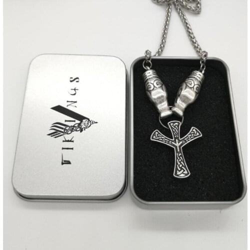 Antique Silver Nodic Wolf Head with Algiz Rune Life Rune Pendant Viking Rune Cross Talisman Mens Necklace