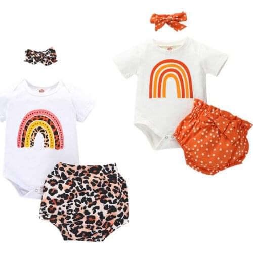 Newborn Baby Girls Cotton Outfits Summer Short Sleeve Rainbow Romper Printed Short Headband 3Pcs Clothes Set 0-24M