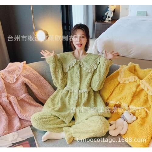 Autumn Winter Warm Pajamas Set Women Sleep Set Deep Gold Velvet Sexy Homewear Pijama Women Pajama Sets Long Pant Set Robe Women