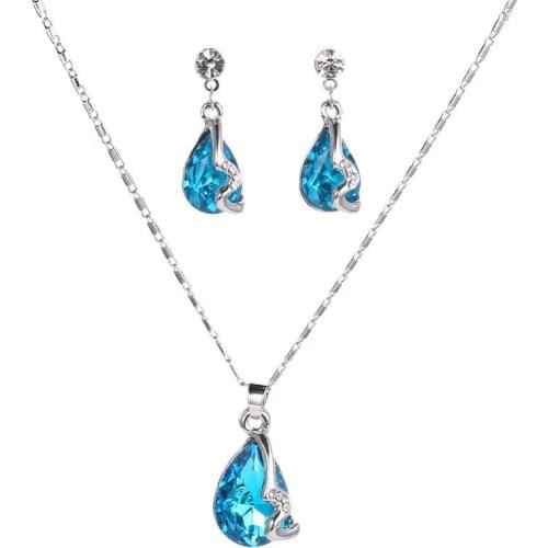 925 sterling silver necklace earrings ladies, water drops gemstone blue jewelry, wedding / engagement Fine jewelry set S0123