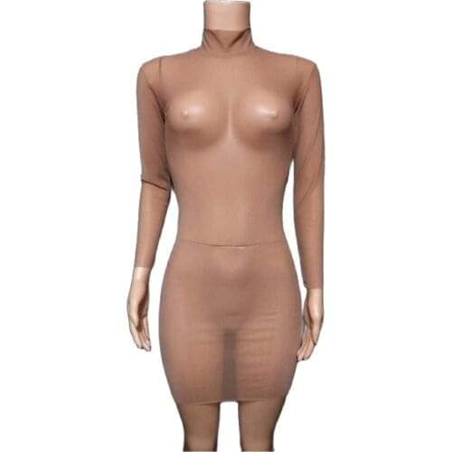 See-through Bodycon Nude Dress Women Sexy Transparent Tight Dress Dance Singer Dance Costume Stage Nightclub Costumev