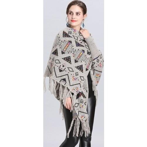 SC317 2019 Oversize Geometric Printed Winter Knitted Cardigan Women New Designer Female Long Sleeves Cape Vintage Shawl
