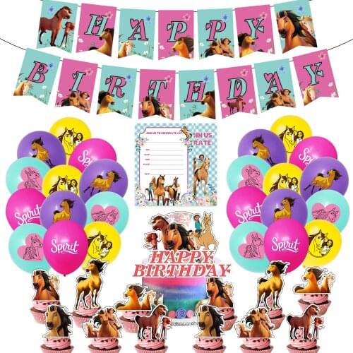 Spirit Riding Horse Balloons Happy Birthday Banner Card Cartoon Forest Animal Farm Pet Party Supplies Decoration Cake Topper Toy