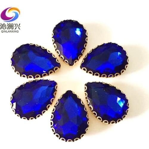 Royalblue color Drop shape top glass crystal lace claw rhinestones,golden base sew on stone for Diy/Clothing accessories HGS11