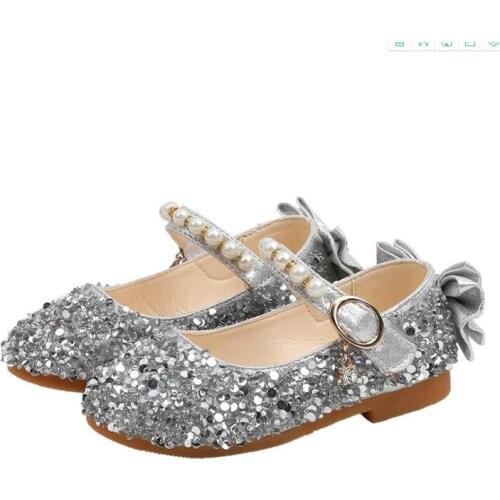 Girls Princess Shoes Mary Janes Bling Party Shoes Back Bow Kids Flats Bead String Bridal Shoes For Child Big Girls 1-12y Spring