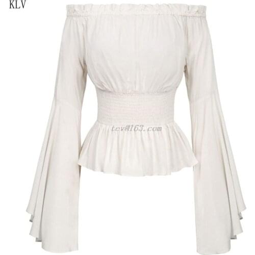 Womens Gothic Renaissance Blouse Flare Sleeves Ruffles Off Shoulder Corset Tops Victorian Cosplay Costume Pirate Shirt