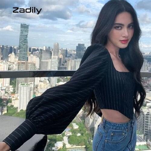 Zadily Chic Vintage Striped Square Collar Women Blouse Puff Long Sleeve Black Shirt 2021 Autumn Casual Crop Top Female Clothing