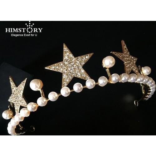 Himstory Fashion Gold Tiara Crown Crystal Pearl Headband Bridal Wedding Hair Jewelry Star Crown Women Party Hair Headpiece