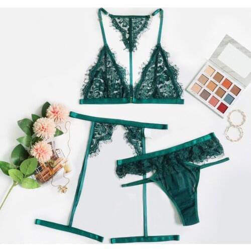 Women Wireless Bra Sexy Underwear G-string Garter Set Wireless Bra Sexy Underwear G-String Garter Set Green Babydoll Costumes